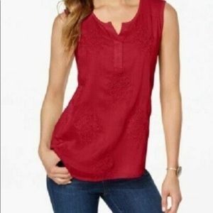 Style & Co Women’s Red Sheath Sleeveless Embroidered Split neck Top Size M